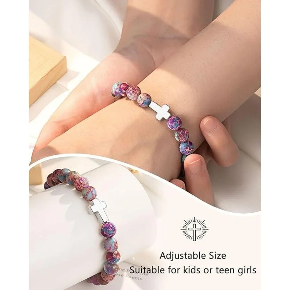 8th Grade Graduate Purple Beaded Cross‎ Bracelet Gift for Daughter Granddaughter